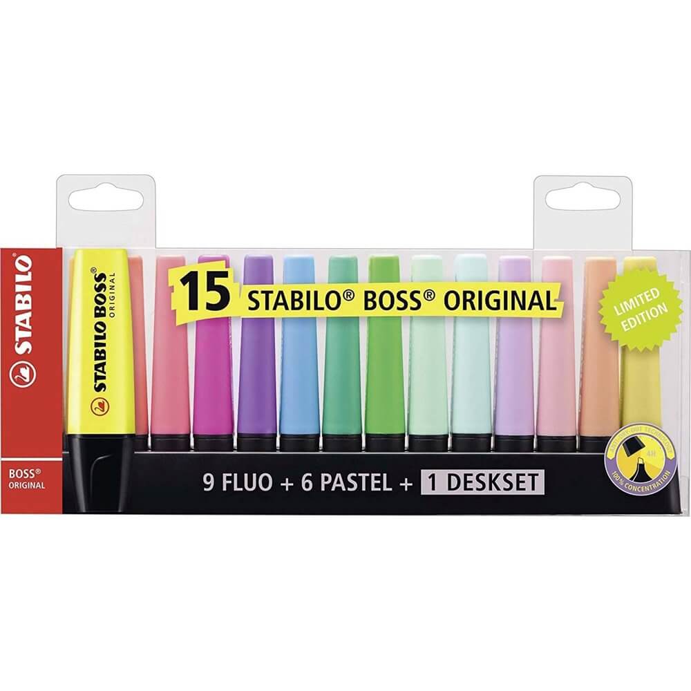 Textmarker Stabilo Boss Original, 15 culori/set, 9 culori fluorescente, 6 culori pastelate, cu suport de birou Textmarker Stabilo Boss Original, 15 culori/set, 9 culori fluorescente, 6 culori pastelate, cu suport de birou